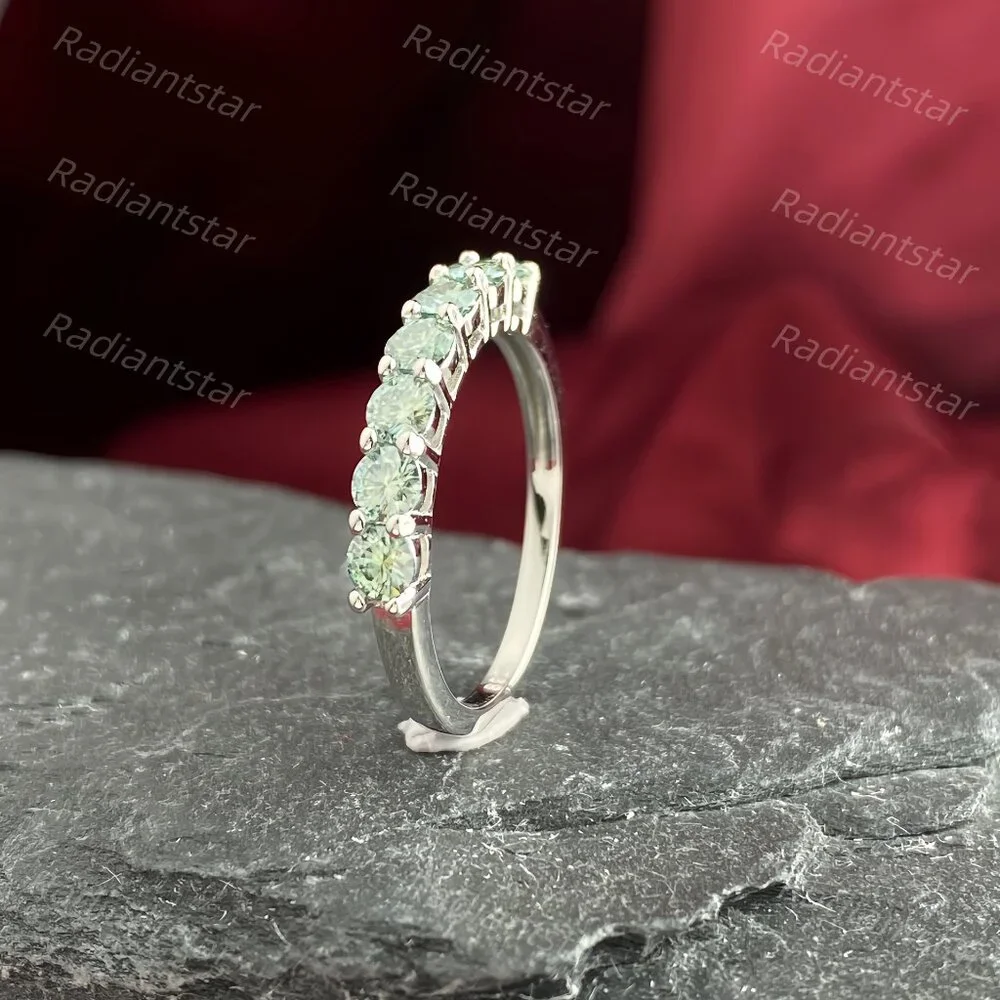 NEW Certified 3mm Blue Green Moissanite 7 Stone Half Eternity Band Ring